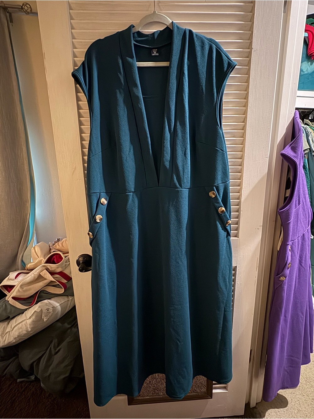 SHEIN Teal Sleeveless V-Neck Midi Dress with Gold Buttons